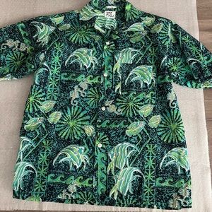 [L/XL]VTG The Reef Men's Green Tropical Print Hawaiian Shirt-JPN